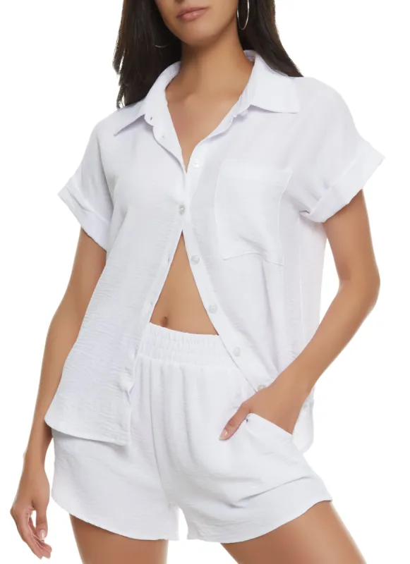 Airy Crepe Knit Button Front Shirt sold by Rainbow