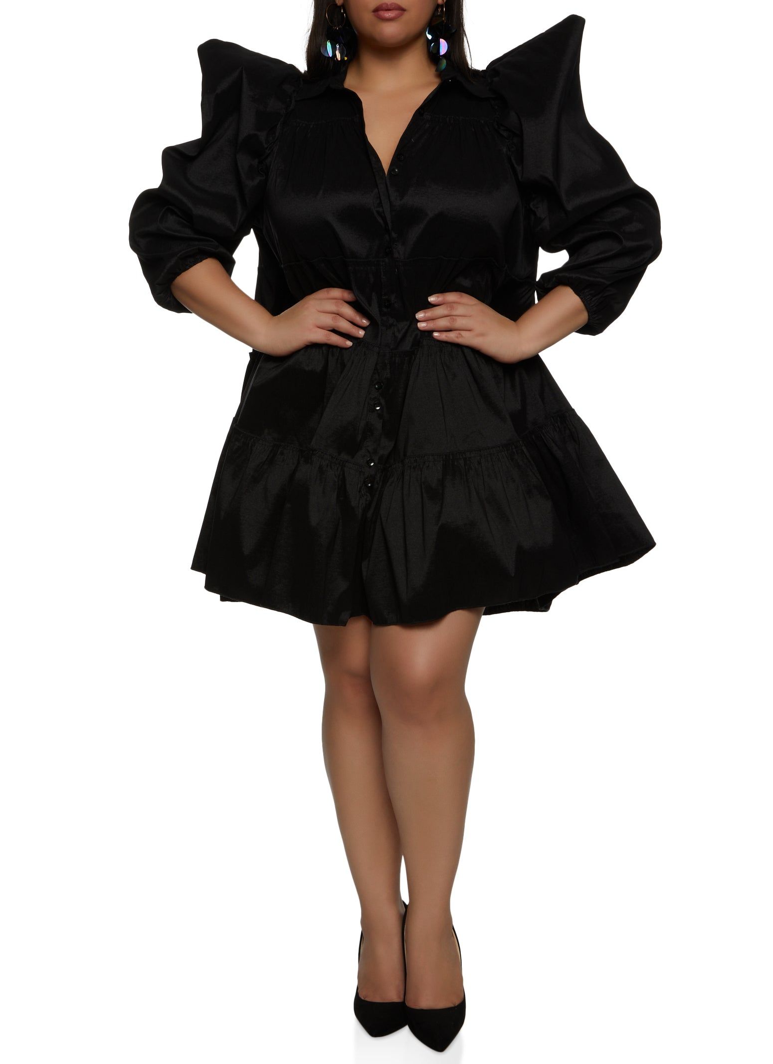 Plus Size Puff Sleeve Tiered Mini Shirt Dress sold by Rainbow product image thumbnail 2