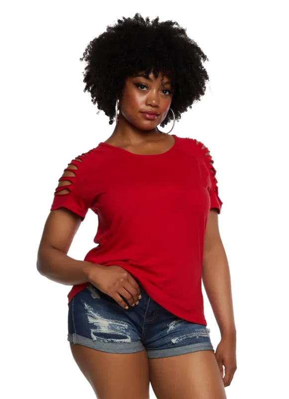 Plus Size Slashed Short Sleeve Tee sold by Rainbow