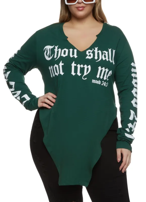 Plus Size Thou Shall Not Try Me Hanky Hem Tee sold by Rainbow