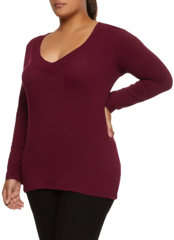 Plus Size Solid V Neck Long Sleeve Tee sold by Rainbow
