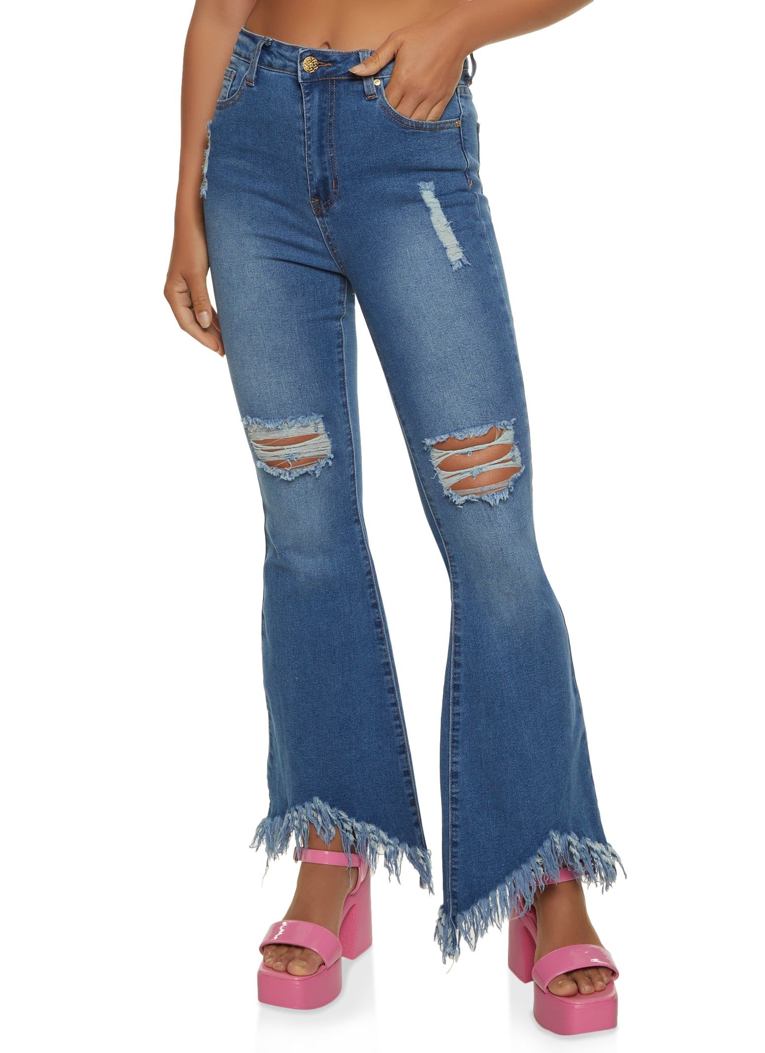 Distressed Frayed Fringed Hem Flared Jeans sold by Rainbow