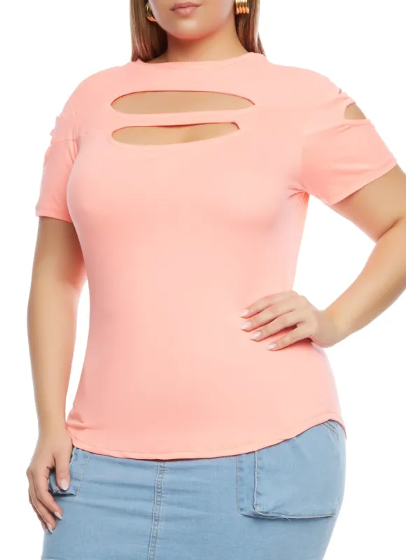 Plus Size Cut Out Crew Neck T Shirt sold by Rainbow
