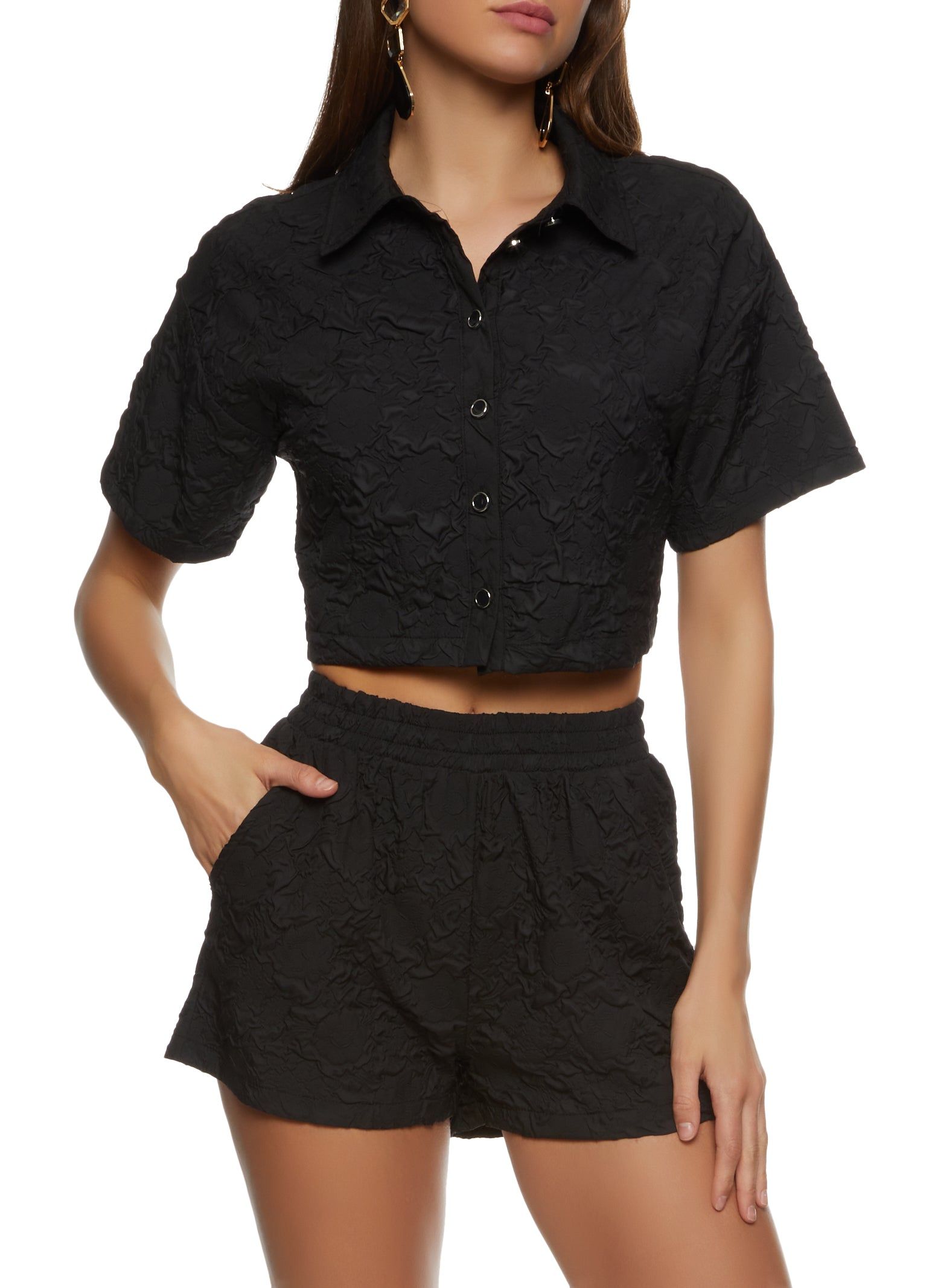 Textured Knit Floral Cropped Shirt sold by Rainbow