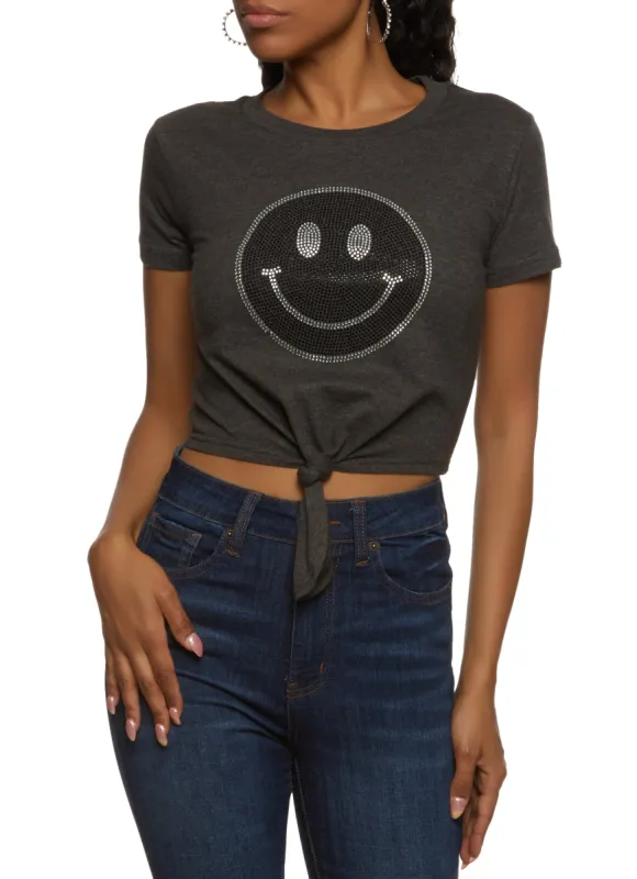 Knot Front Rhinestone Smiley Cropped Tee sold by Rainbow