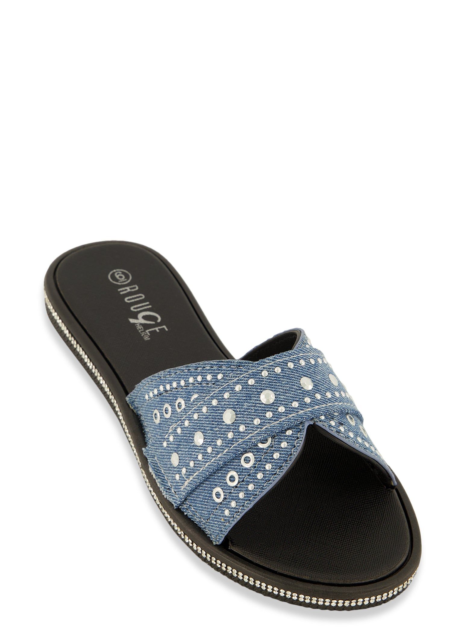 Studded Band Rhinestone Trim Slide Sandals sold by Rainbow