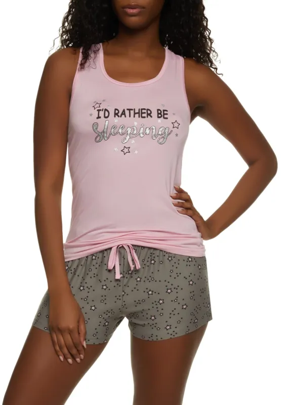 Id Rather Be Sleeping Graphic Pajama Tank Top and Shorts sold by Rainbow