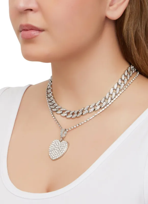 Layered Rhinestone Cuban Chain Link Heart Pendant Necklace sold by Rainbow