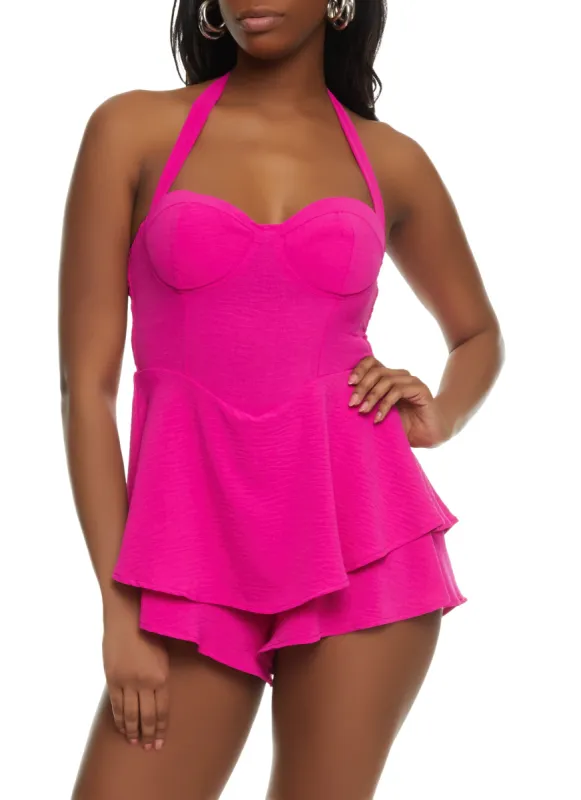Padded Halter Neck Ruffle Romper sold by Rainbow