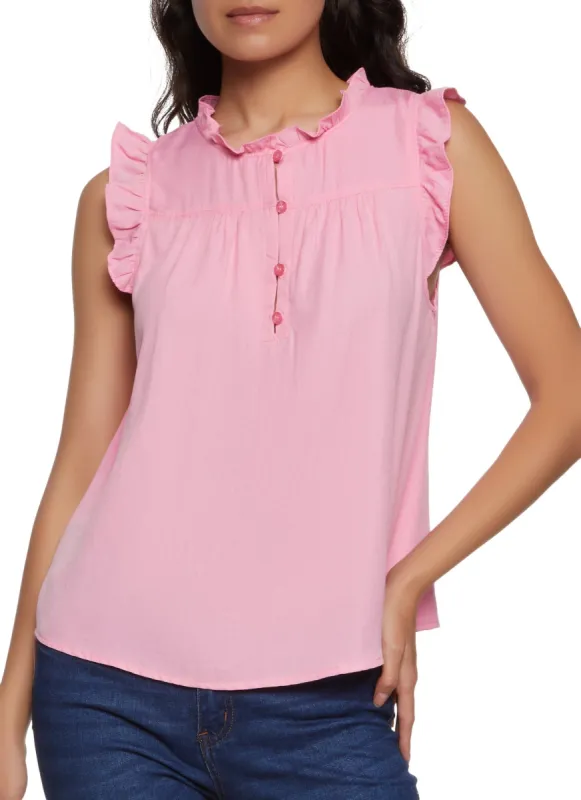 Sleeveless Half Button Ruffle Trim Blouse sold by Rainbow