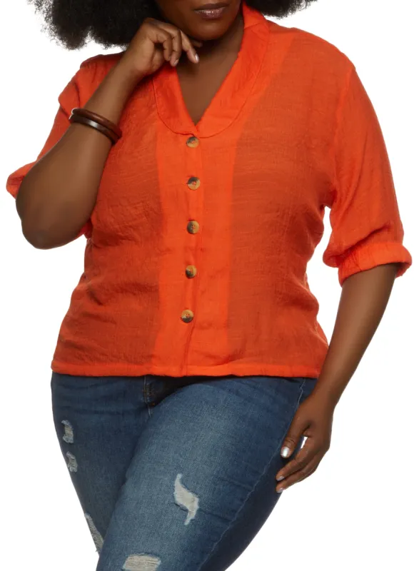 Plus Size Gauze Knit Quarter Sleeve Button Front Top sold by Rainbow