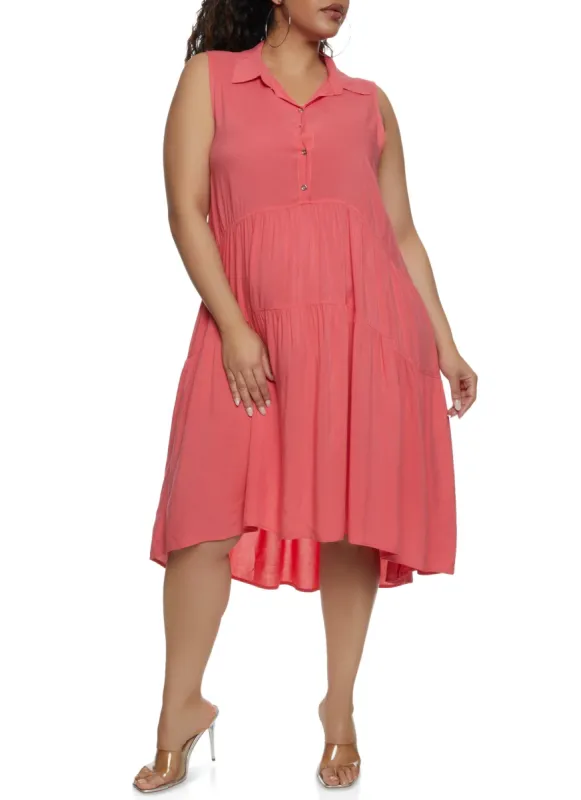 Plus Size Half Button Tiered Shift Dress sold by Rainbow