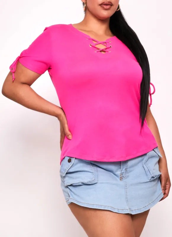 Plus Size Lace Up Notch Neck Tie Sleeve Tee sold by Rainbow