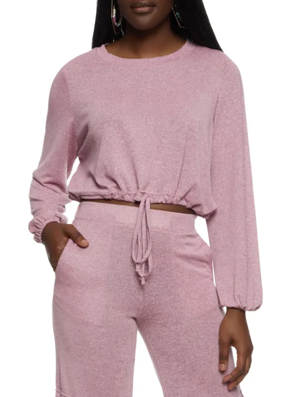 Brushed Knit Puff Sleeve Drawstring Hem Top sold by Rainbow