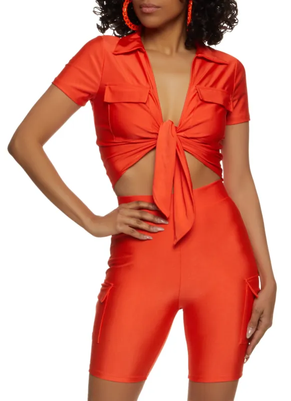 Spandex Flap Pocket Tie Front Crop Top sold by Rainbow