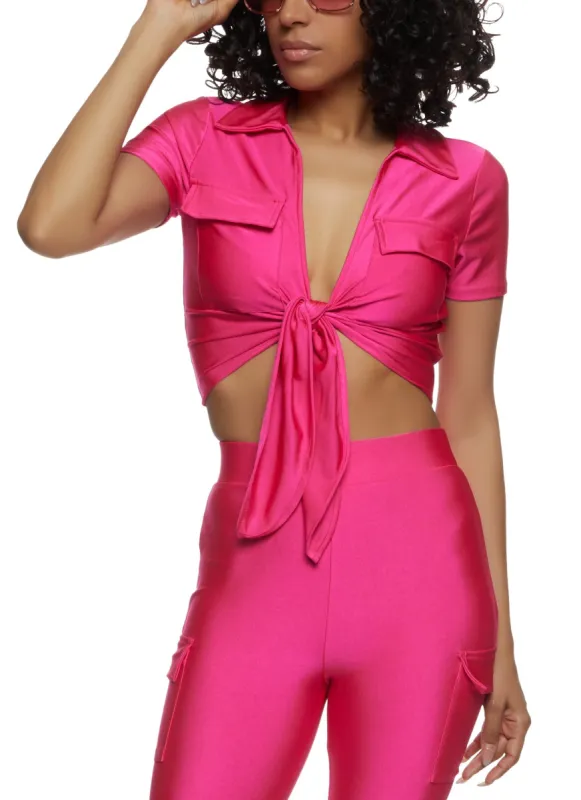 Spandex Flap Pocket Tie Front Crop Top sold by Rainbow