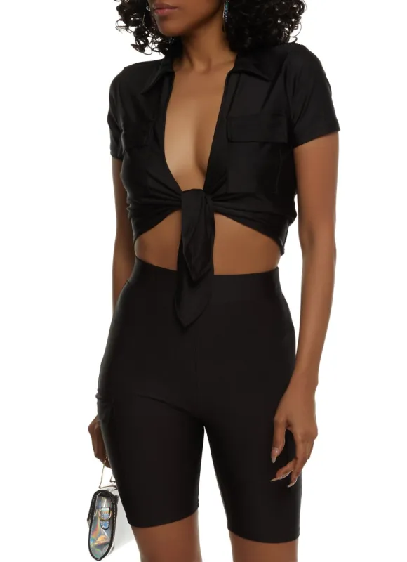 Spandex Flap Pocket Tie Front Crop Top sold by Rainbow