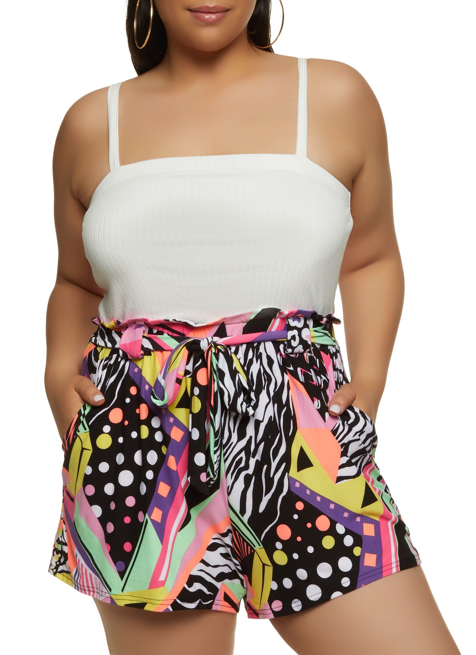 Plus Size Abstract Print Paperbag Waist Romper sold by Rainbow