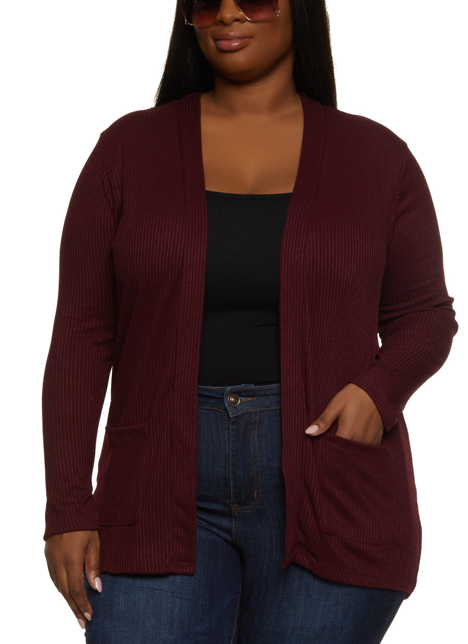 Plus Size Ribbed Knit Pocket Cardigan sold by Rainbow