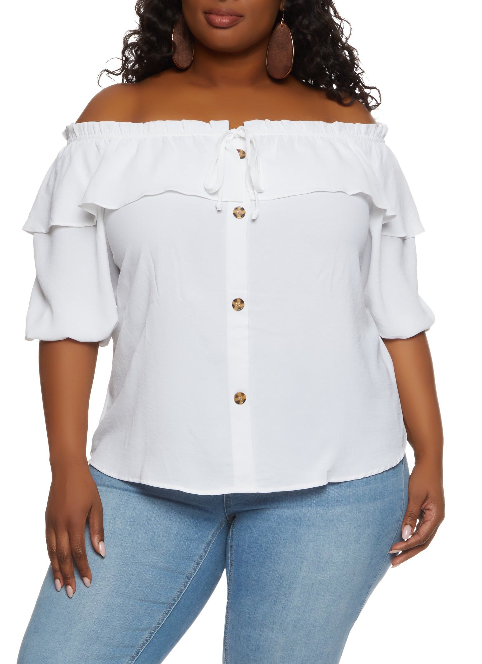 Plus Size Faux Button Front Off the Shoulder Top sold by Rainbow