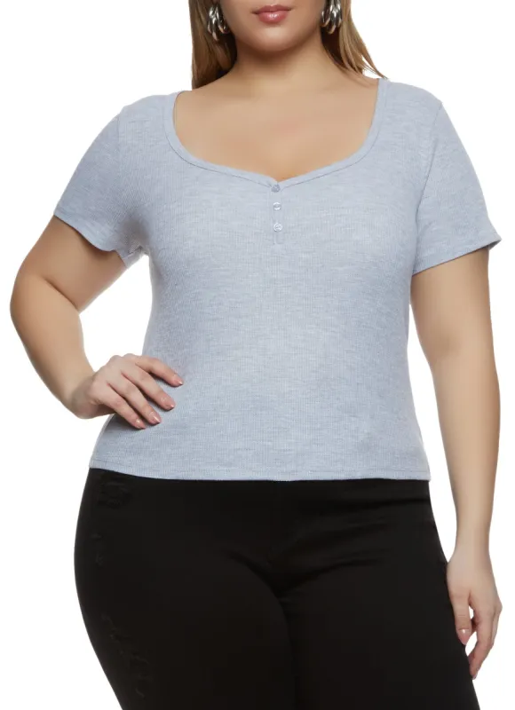 Plus Size Scoop Neck Short Sleeve Henley Top sold by Rainbow