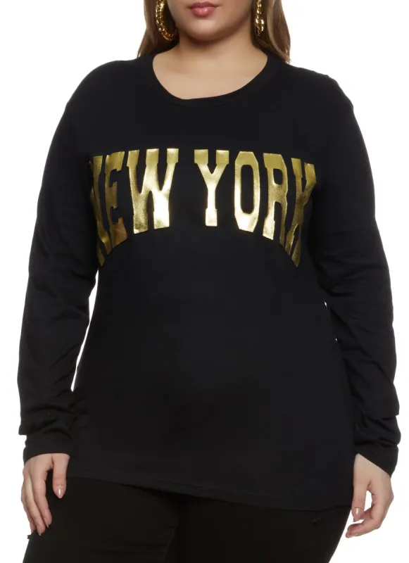 Plus Size New York Foil Screen Long Sleeve Tee sold by Rainbow