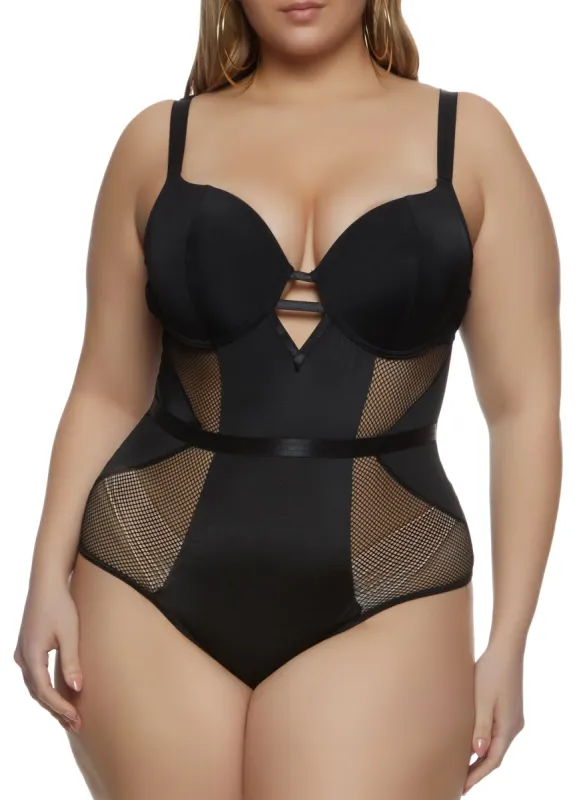 Plus Size Fishnet Insert Caged Detail Bustier Bodysuit sold by Rainbow