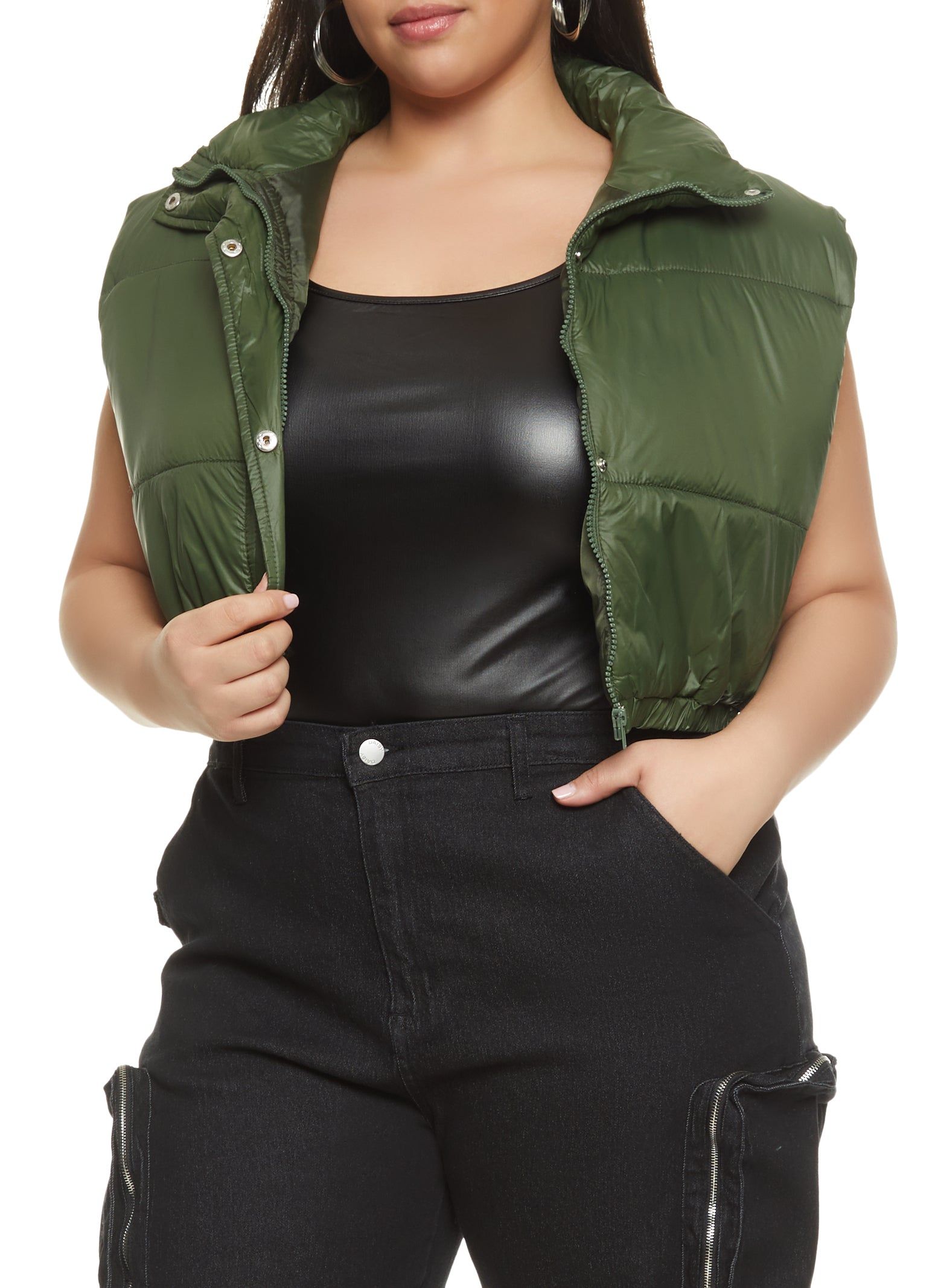 Plus Size Snap Button Zip Front Cropped Puffer Vest sold by Rainbow