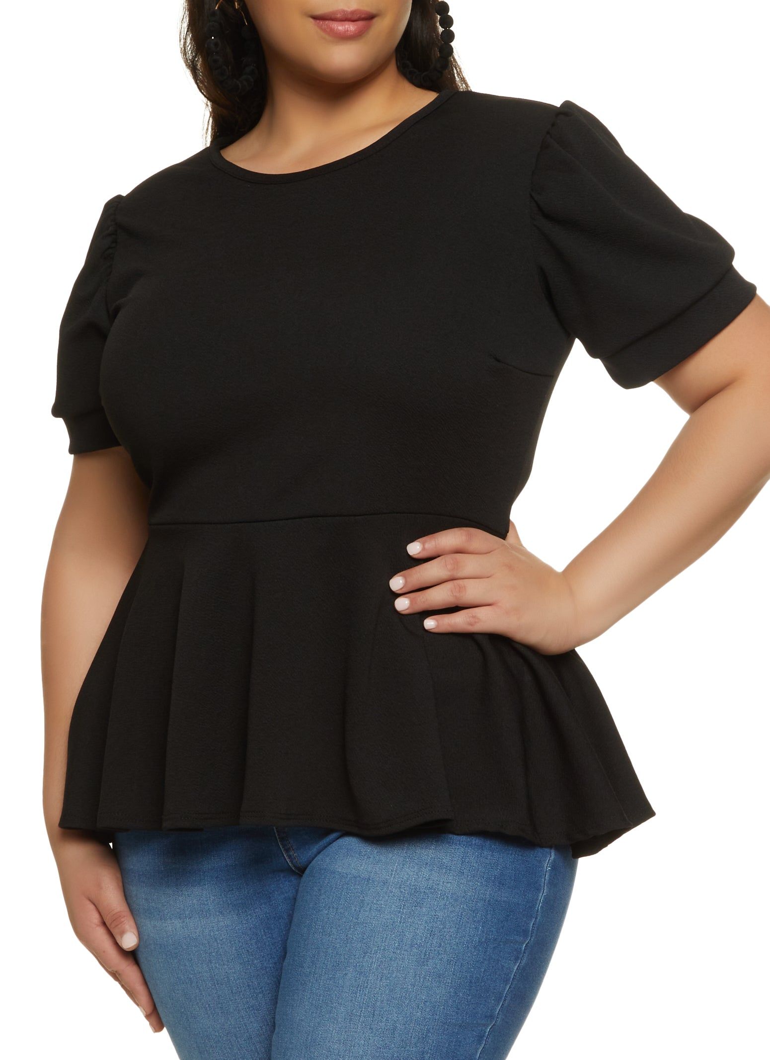 Plus Size Solid Crepe Knit Peplum Top sold by Rainbow