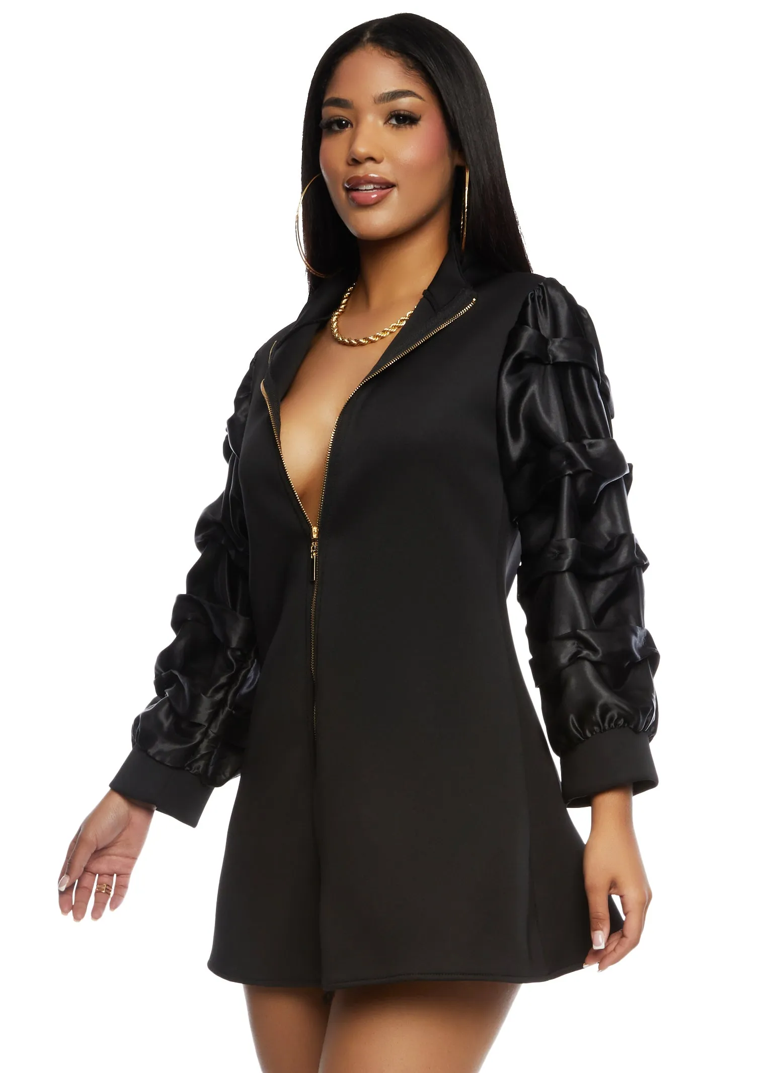 Ruched Puff Sleeve Zipper Front Dress sold by Rainbow