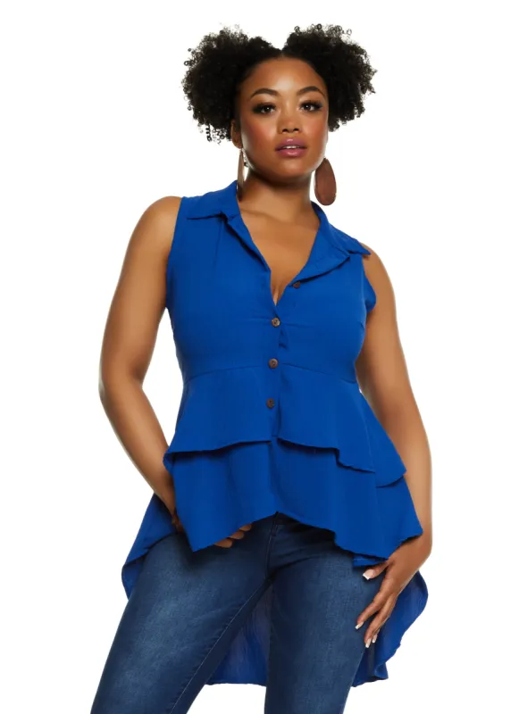 Plus Size Button Front High Low Sleeveless Blouse sold by Rainbow