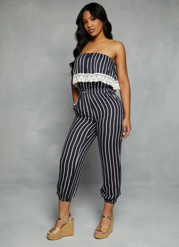 Striped Crochet Trim Strapless Overlay Jumpsuit sold by Rainbow
