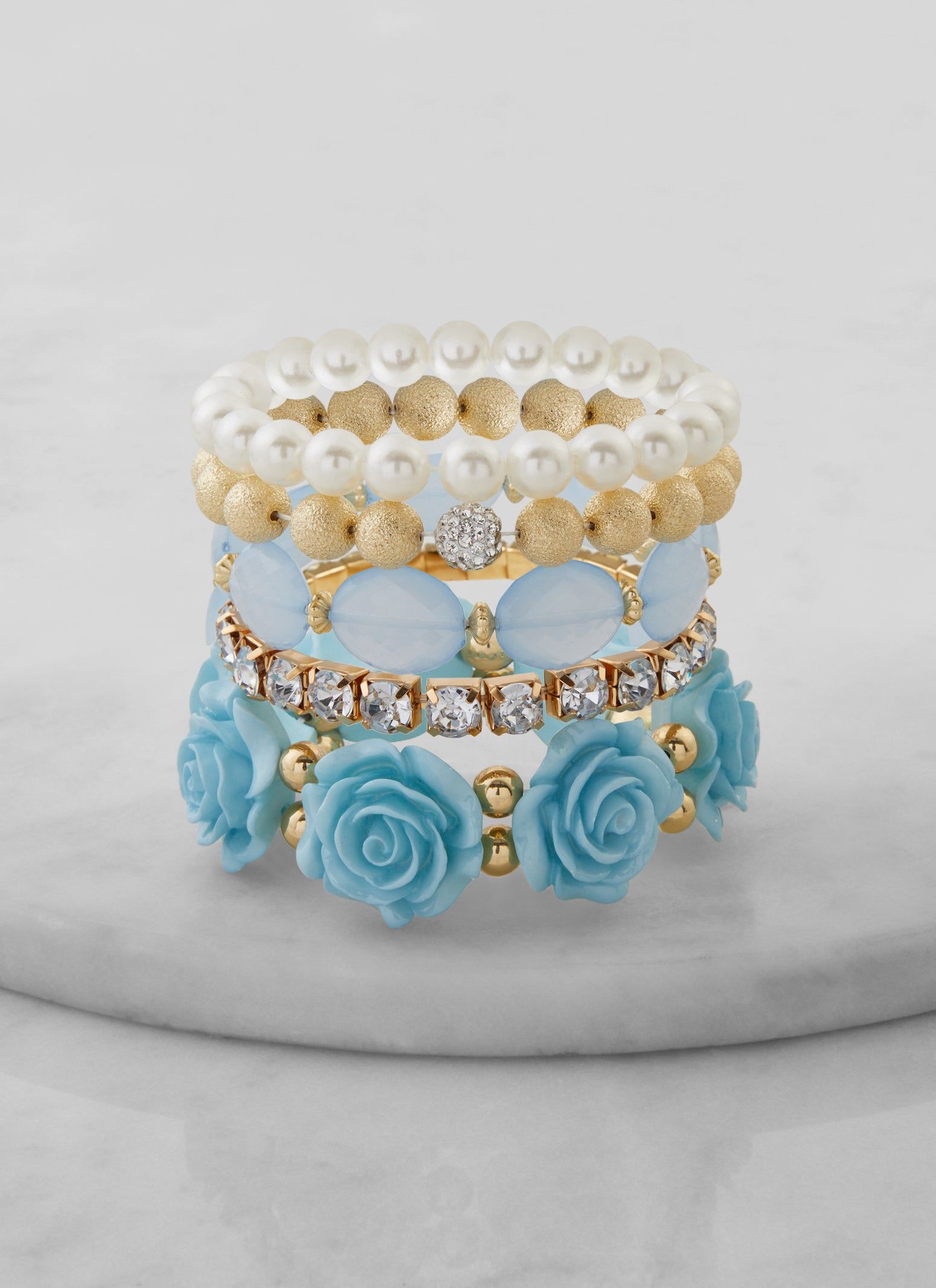 Rose Rhinestone Faux Pearl Beaded Stretch Bracelets 5 Pack sold by Rainbow