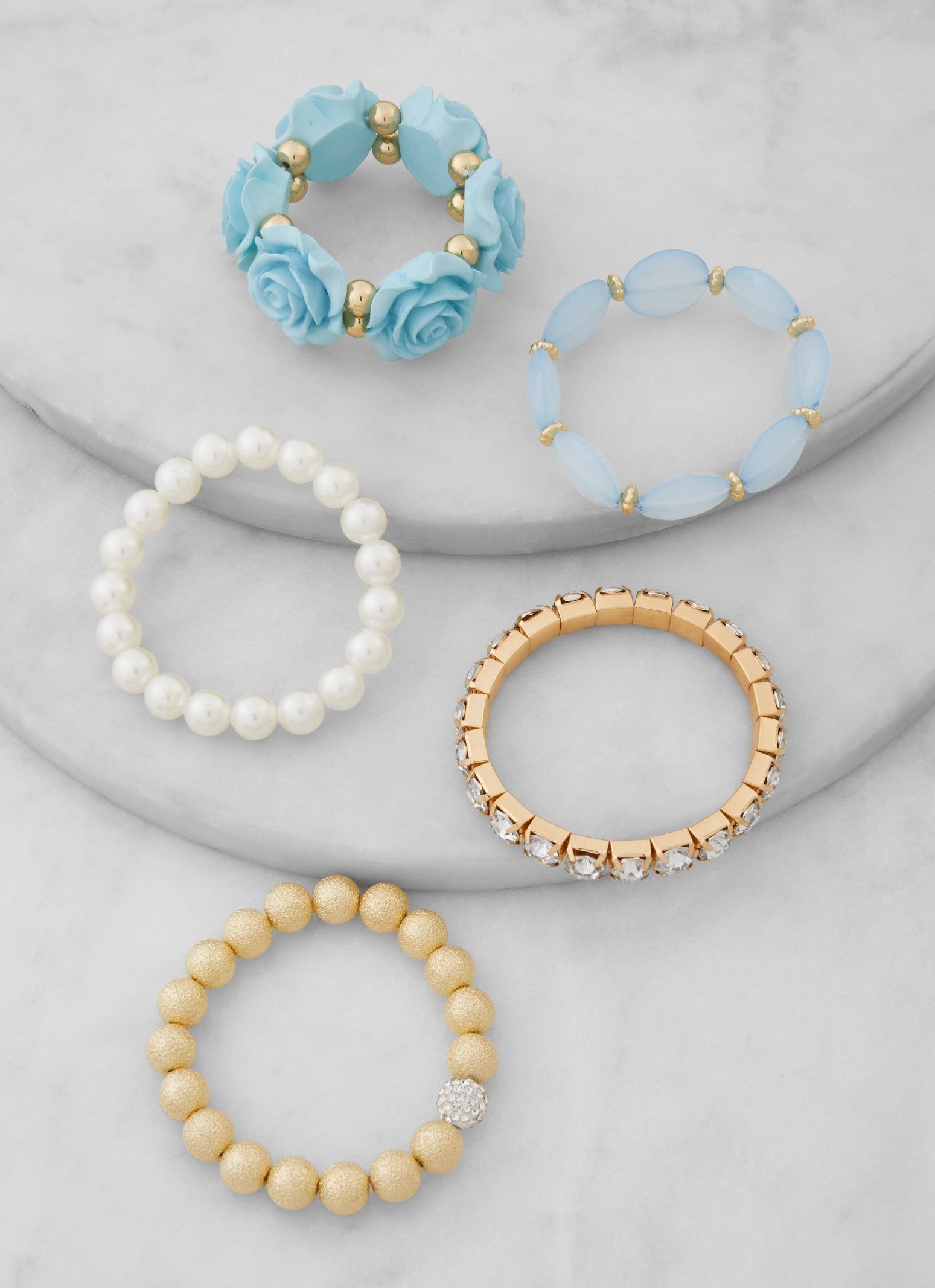 Rose Rhinestone Faux Pearl Beaded Stretch Bracelets 5 Pack sold by Rainbow product image thumbnail 2