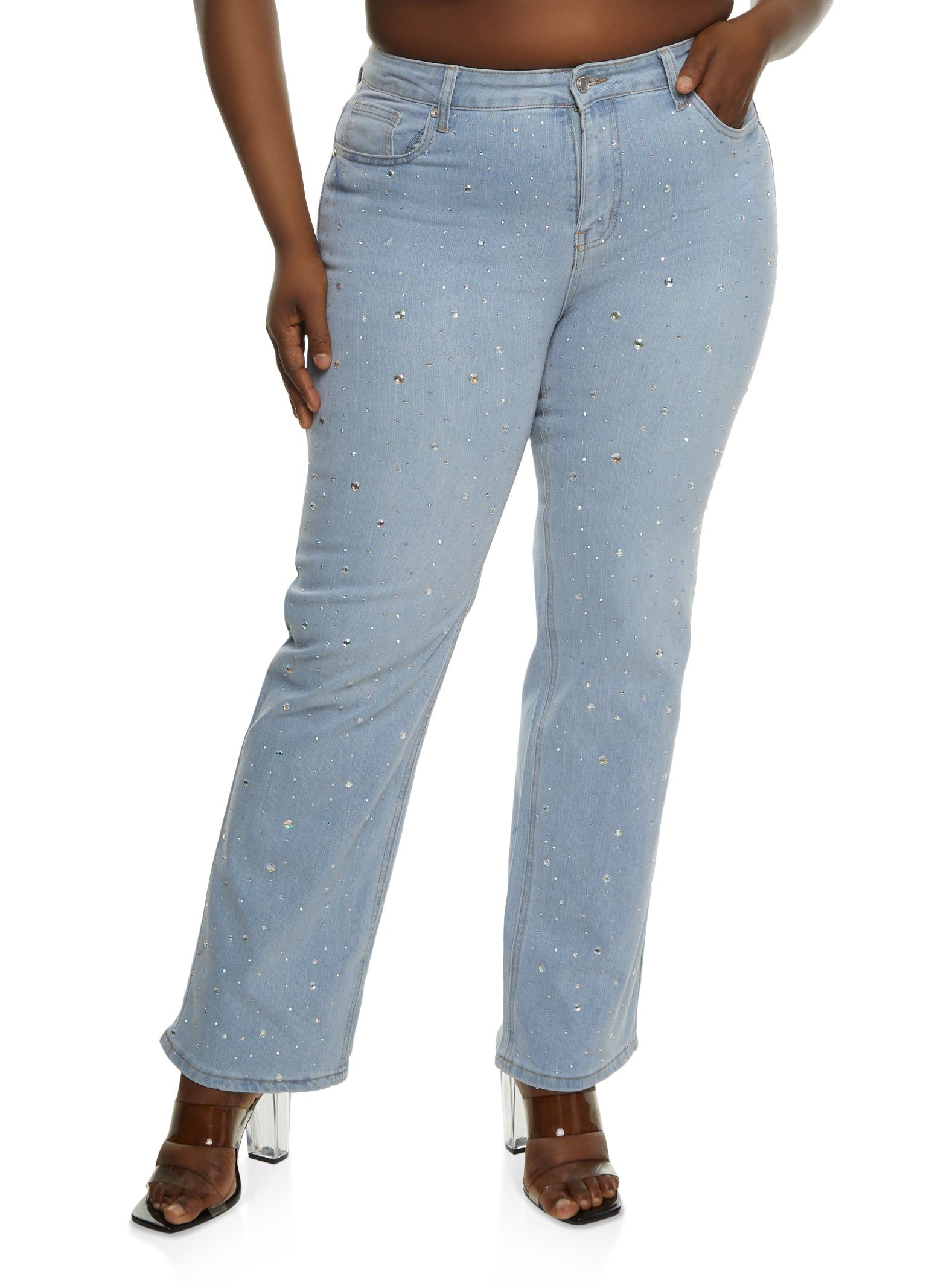 Plus Size Rhinestone High Waist Straight Leg Jeans sold by Rainbow