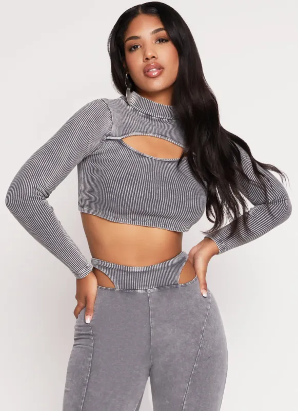 Acid Wash Keyhole Long Sleeve Crop Top sold by Rainbow