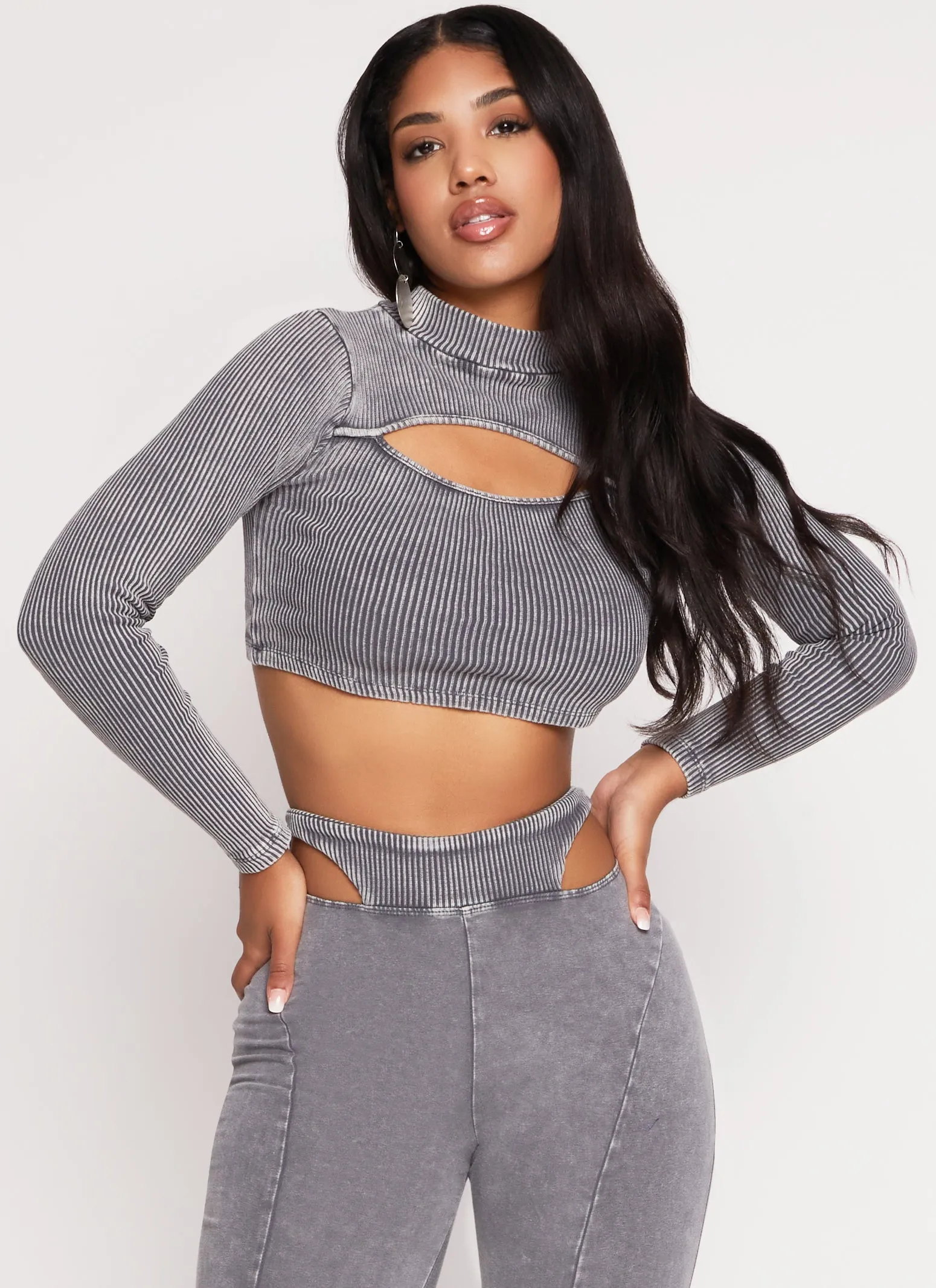 Acid Wash Keyhole Long Sleeve Crop Top sold by Rainbow