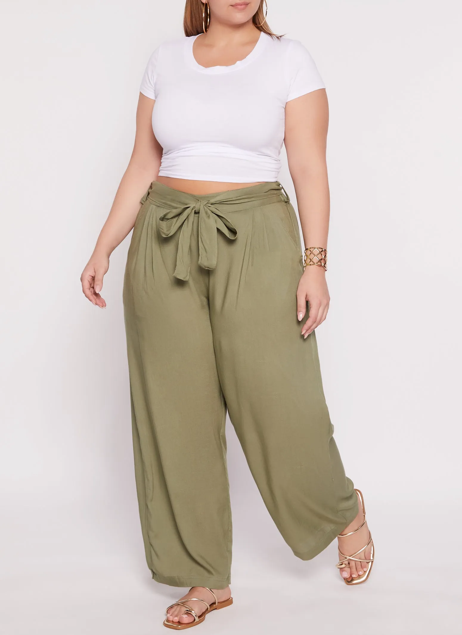 Plus Size Tie Waist Belted Palazzo Pants sold by Rainbow