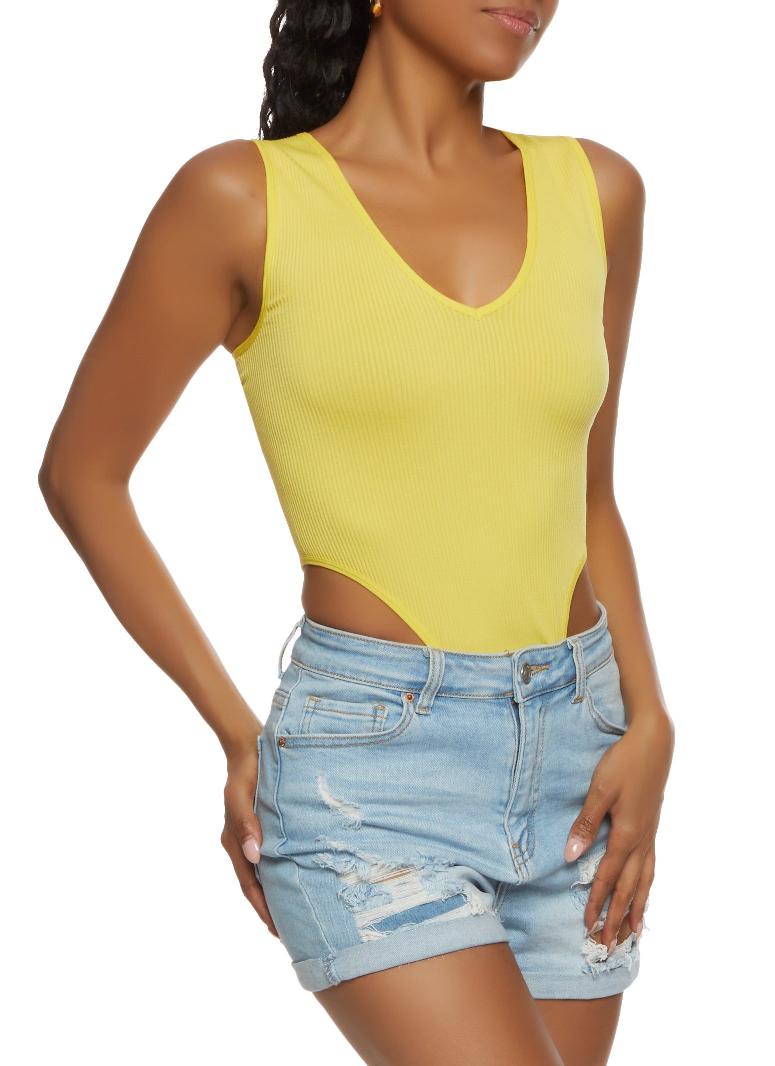 Ribbed Knit High Cut V Neck Bodysuit sold by Rainbow product image thumbnail 2