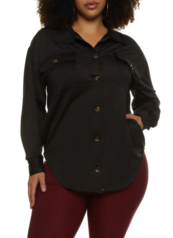 Plus Size Button Front Pocket Tunic Shirt sold by Rainbow