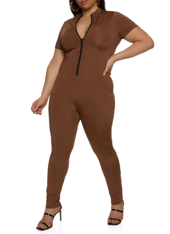 Plus Size Daisy Contrast Half Zip Jumpsuit sold by Rainbow
