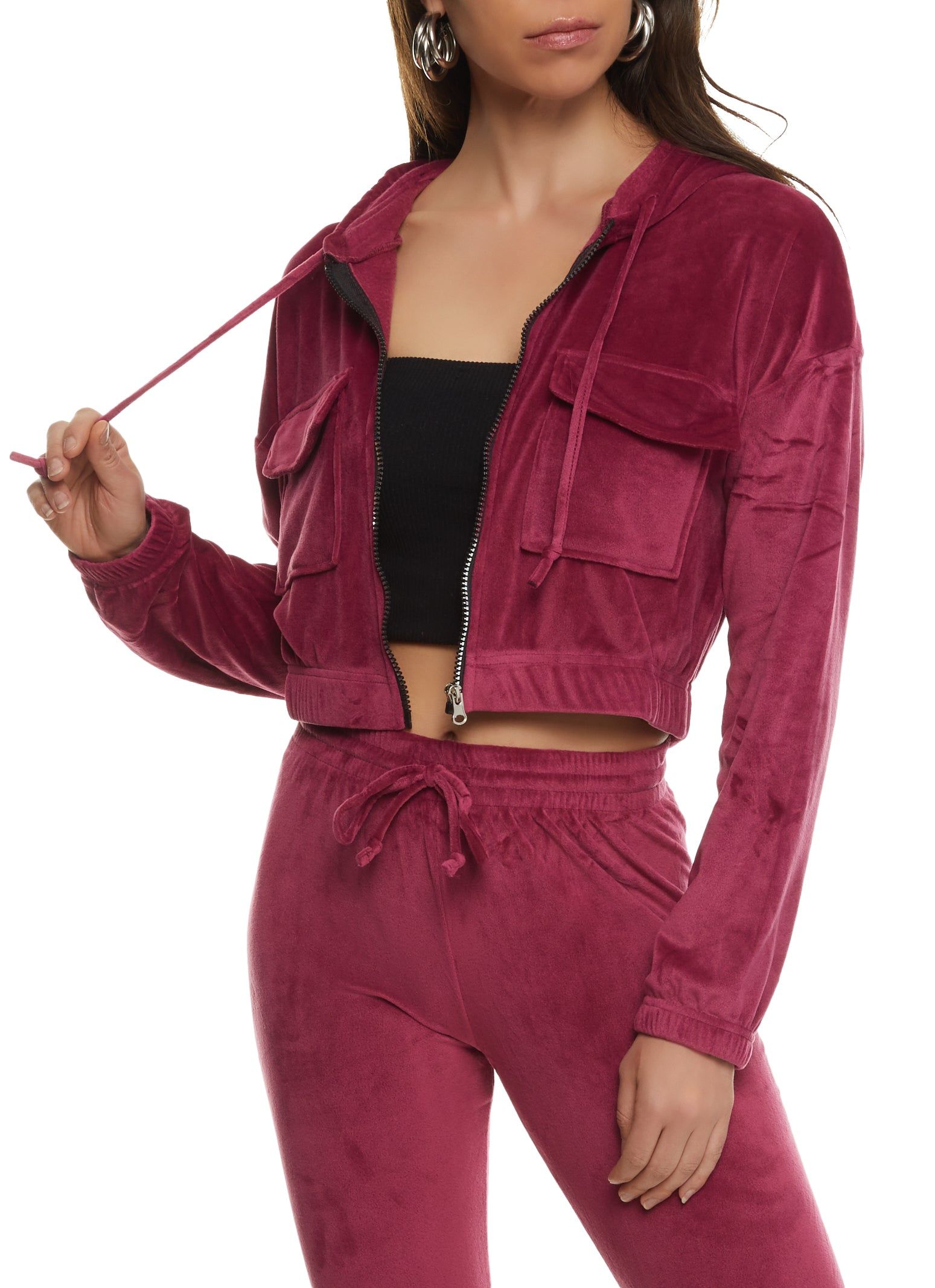 Velour Cargo Pocket Zip Front Cropped Hoodie sold by Rainbow product image thumbnail 2