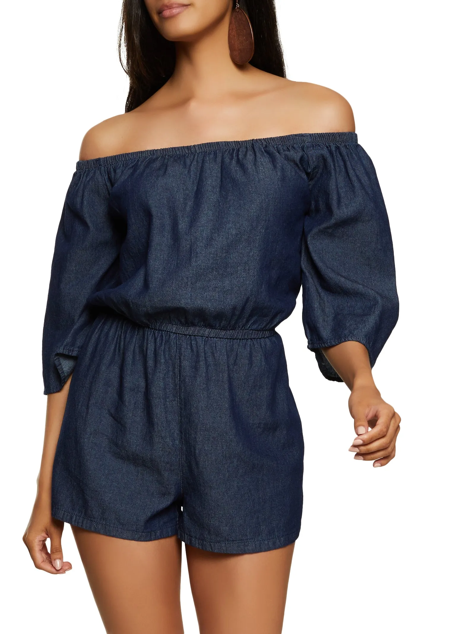 Chambray Off the Shoulder Bell Sleeve Romper sold by Rainbow