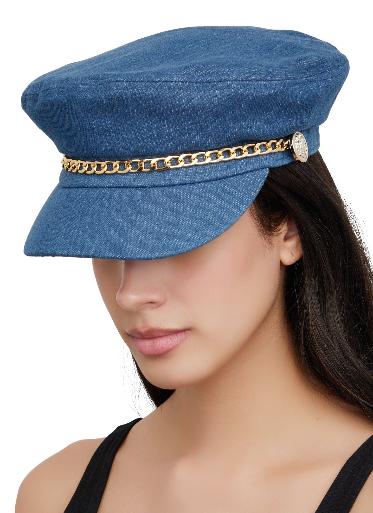 Denim Chain Detail Cabbie Hat sold by Rainbow