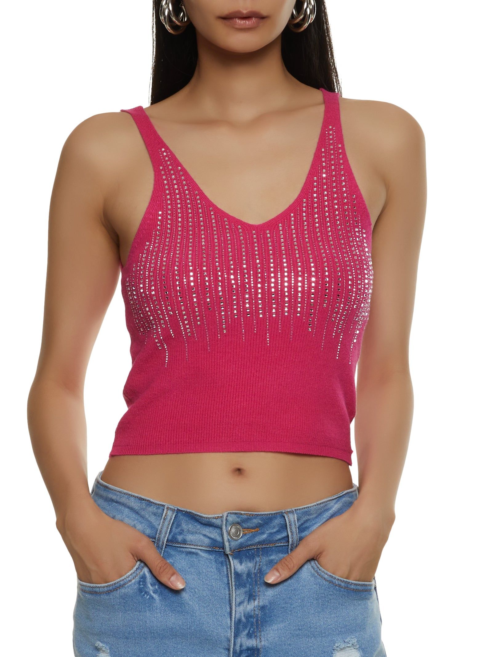Ribbed Rhinestone Studded Tank Top sold by Rainbow