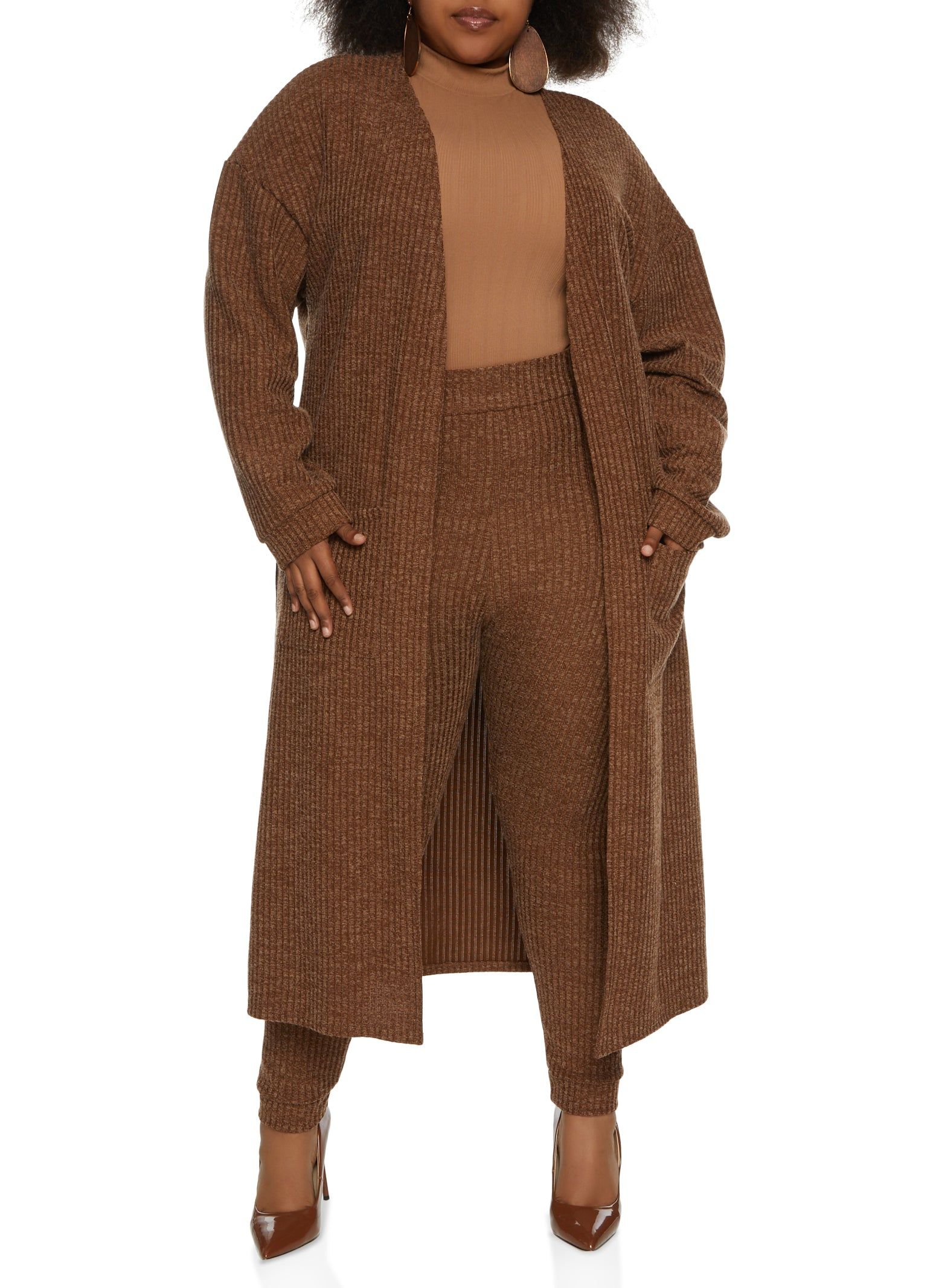 Plus Size Ribbed Knit Pocket Long Cardigan sold by Rainbow product image thumbnail 2