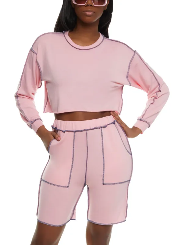 Contrast Stitch Long Sleeve Crop Top and Shorts sold by Rainbow