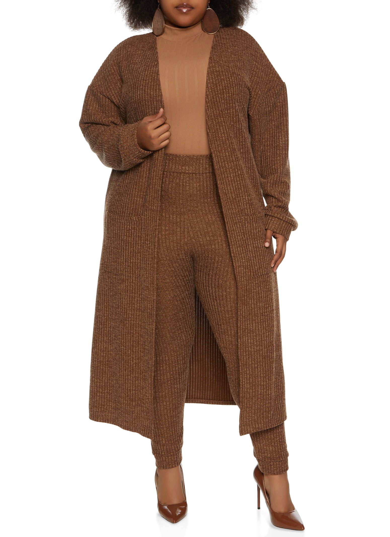 Plus Size Ribbed Knit Pocket Long Cardigan sold by Rainbow