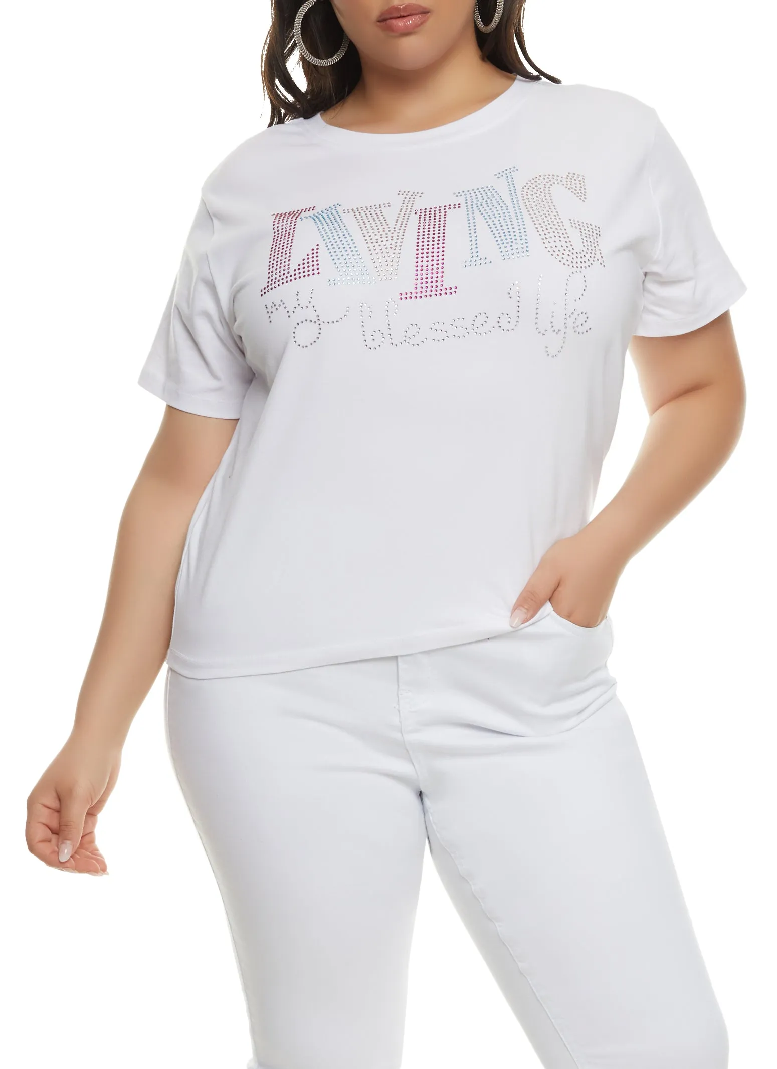 Plus Size Living My Blessed Life Rhinestone Graphic T Shirt sold by Rainbow