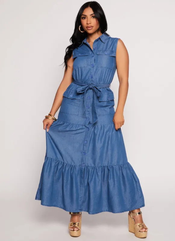Button Front Tiered Maxi Denim Dress sold by Rainbow